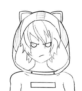 A line drawing of a crying character with hearts for eyes.